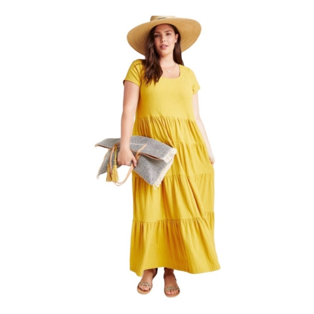 Maeve Anthropologie Gillian Maxi Dress Size 2X Yellow Cotton Stretch Tiered